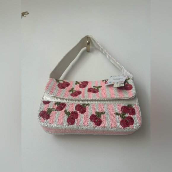 Viral beaded Cherry Pink striped shoulder bag - Picture 3 of 5